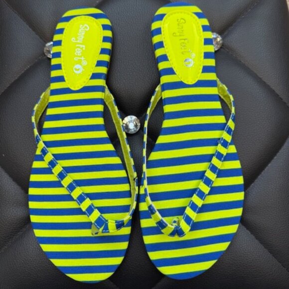 New, Never Worn, Sunny Feet Neon Blue and Yellow Flip Flop Size 7 - Picture 1 of 4